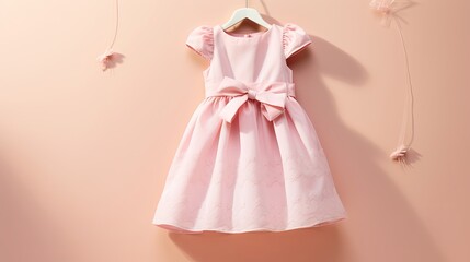 child baby clothes pink dress with bow for little princess on pastel background, copy space