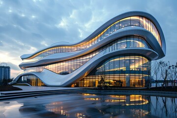 A building with a curved facade and a lot of windows on - Powered by Adobe