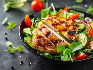 Keto salad with chicken fillet and fresh vegetable . Panorama, copy space 