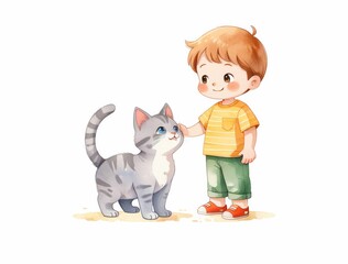 Boy and Cat Enjoying Playtime, Colorful Watercolor Illustration - playful moments, watercolor art.