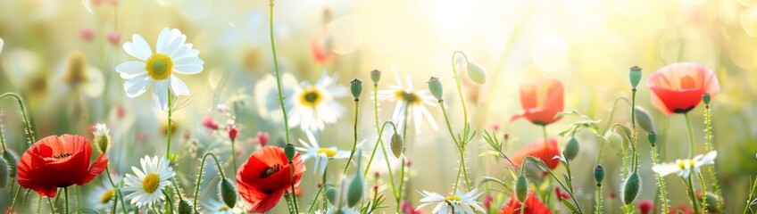 Obraz premium Vibrant Wildflower Meadow: Colorful Blossoms Under Summer Sun