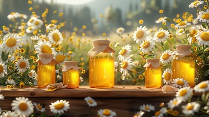 Cartoon podium featuring organic honey and beeswax products, flowering meadow background - obrazy, fototapety, plakaty