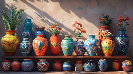 Cartoon podium showcasing handcrafted pottery, artisan workshop with vibrant crafts background - obrazy, fototapety, plakaty
