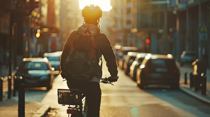 world bike day, guy rides a bicycle along the street, beautiful city background - obrazy, fototapety, plakaty