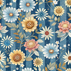  beige flowers including daisies and other blooms are set against a blue and white striped background, creating a vibrant floral pattern