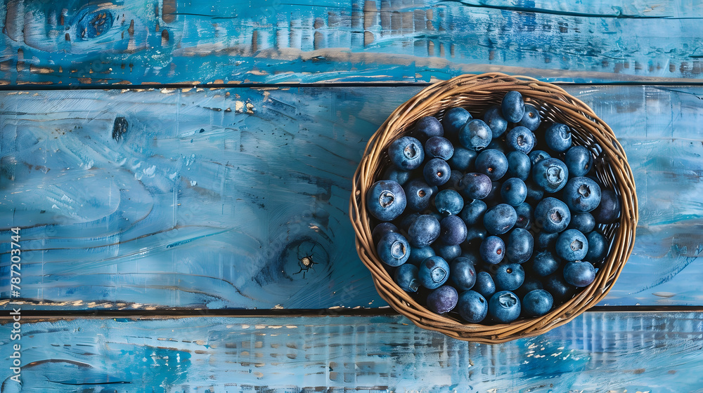 Poster ripe blueberries in a wicker bowl on a blue rustic wooden table flat lay shot harvesting and healthy