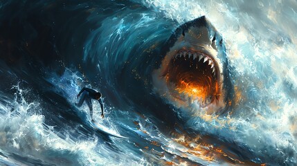 Illustration of a surfer escaping a shark by catching a fastmoving wave, thrilling scene - obrazy, fototapety, plakaty