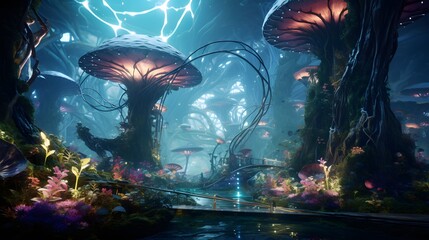 Enter a cybernetic forest where AI-generated creatures host a tugether party amidst glowing flora and fauna