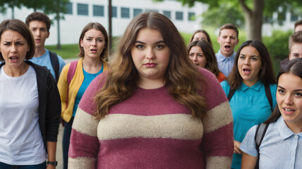 A young adult woman or teenage girl is made fun of and bullied by her classmates, screams, is followed and insulted in the schoolyard or university