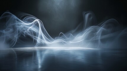 Mystical mist. Swirling smoke in dark and light symphony. Fluid fantasia. Abstract dance of fog and light on floor with black background hyper realistic  - obrazy, fototapety, plakaty