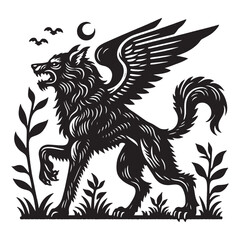 Werewolf. mythical wolf with wings. Vintage old black engraving illustration, emblem, icon