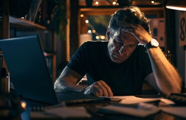 A Tired man is sitting and working on a laptop in a home setting in the evening. person working on laptop