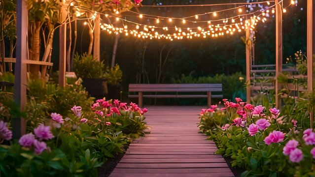 Video animation of serene garden pathway at dusk, flanked by lush pink peonies and green foliage