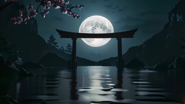Video animation of traditional Japanese torii gate, standing majestically in the foreground. Above it, a full moon bathes the scene in a soft glow
