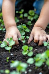 close-up of a child's hands planting plants in the ground