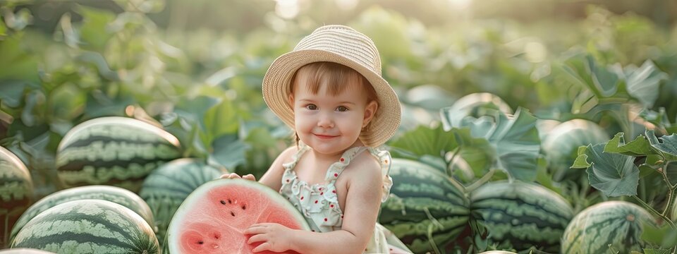 little girl eating watermelon in the field