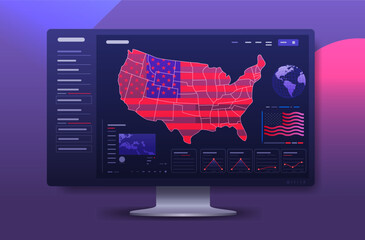 USA presidential election statistic banner with infographics American Election campaign statistics with map and data graphs on computer monitor
