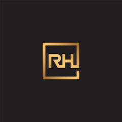 RH monogram logo inside square frame with gold color.