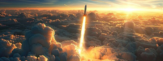 a rocket flies in the sky close-up - obrazy, fototapety, plakaty