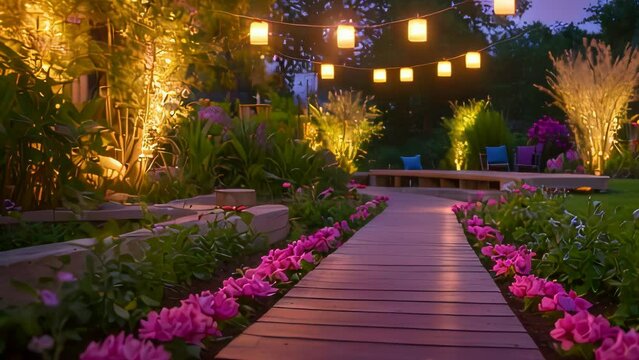 Video animation of ooden pathway leads through a beautifully manicured garden. It&rsquo;s twilight, and the path is illuminated by hanging lanterns,