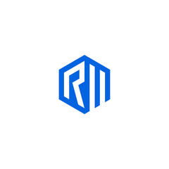 RM monogram logo inside hexagon shape - blue