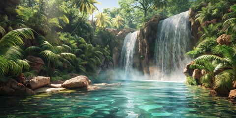 An idyllic natural scene showing a serene waterfall surrounded by lush green foliage and clear waters inviting a sense of calm and adventure