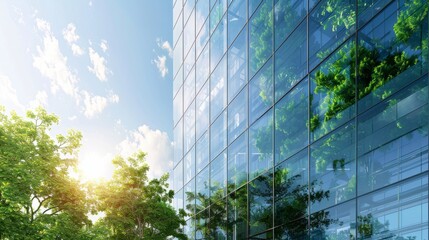 Reflecting greenery, a corporate glass building symbolizes ESG principles, advocating sustainability integration into business practices hyper realistic 
