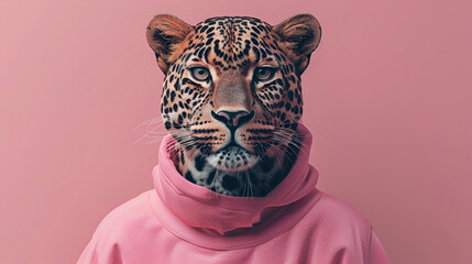 Pastel pink illustrated portrait of a leopard standing on a pink background, generative Ai - obrazy, fototapety, plakaty