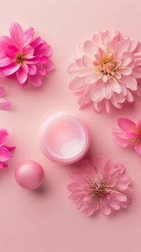 Blank lip balm jar container skincare makeup flower story background