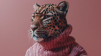 Pastel pink illustrated portrait of a leopard standing on a pink background, generative Ai