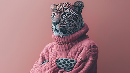 Pastel pink illustrated portrait of a leopard standing on a pink background, generative Ai - obrazy, fototapety, plakaty