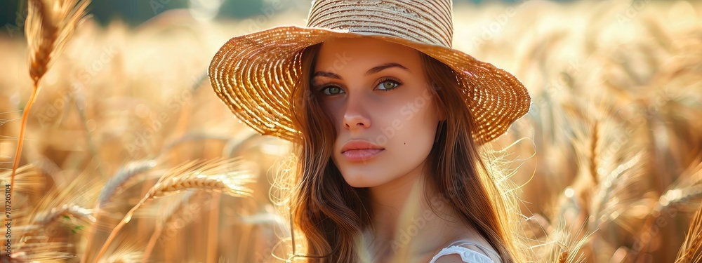 Wall mural girl in a hat in the field. selective focus