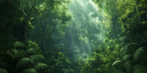 Sunrays piercing through the verdant canopy of a dense, fog-filled forest create a magical and ethereal atmosphere - obrazy, fototapety, plakaty