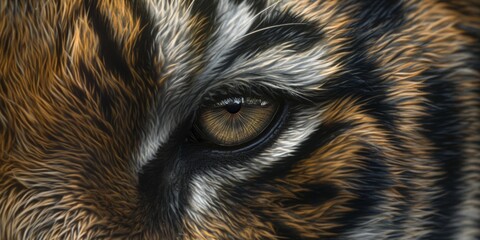 The intense gaze of an tiger eye captured in extreme detail, with intricate feather patterns surrounding it