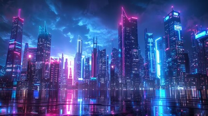 Fototapeta na wymiar Sci-fi City Skyline with Blue and Pink Neon lights. Night scene with Visionary Skyscrapers. hyper realistic 