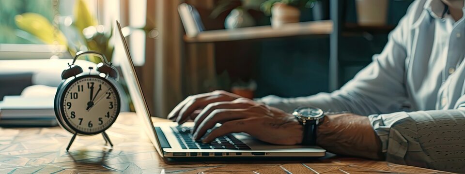 An alarm clock on the table in front of a business person working at a computer