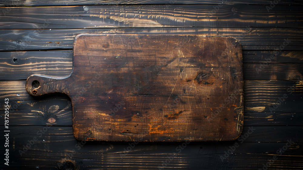 Poster Old cutting board on dark wooden table View from above copy space : Generative AI