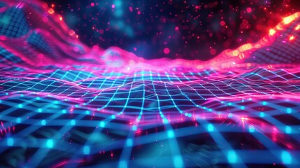 3D grid technology background with neon blue and purple wavy lines. Generate AI image