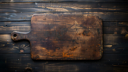 Old cutting board on dark wooden table View from above copy space : Generative AI - Powered by Adobe