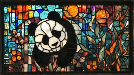 stained glass interpretation of a playful panda, featuring monochromatic tones and whimsical patterns