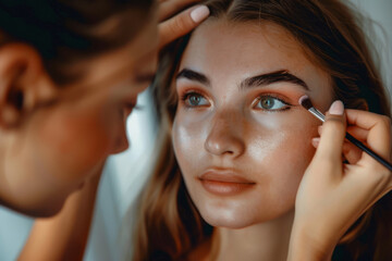 Makeup artist paints eyebrows with a brush. Professional makeup and cosmetology skin care. Generative AI