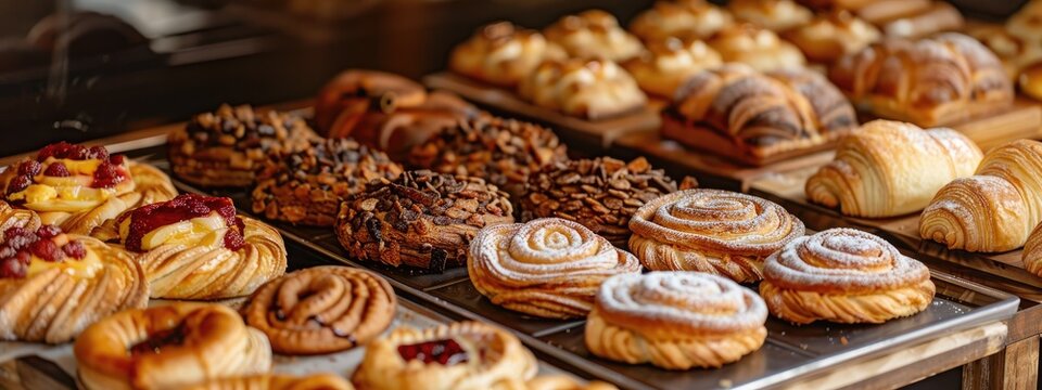 Assortment of delicious pastries and breads on a tray for sale in a bakery.
