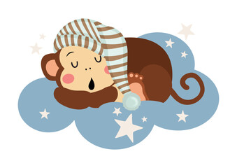 Cute monkey sleeping on blue cloud - 787206173