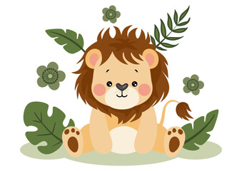 Cute lion in the jungle with leaves - 787206177