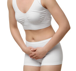 Woman suffering from cystitis on white background, closeup