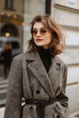 Obraz premium Street photo of a woman wearing a chic and modern outfit. Generative AI