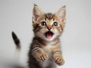 Amazing Illustration of playful funny kitten looking up. and dancing in happy moodisolated on white background
