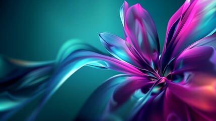 Abstract metallic shiny flower petals in neon colors with copy space, AI generated