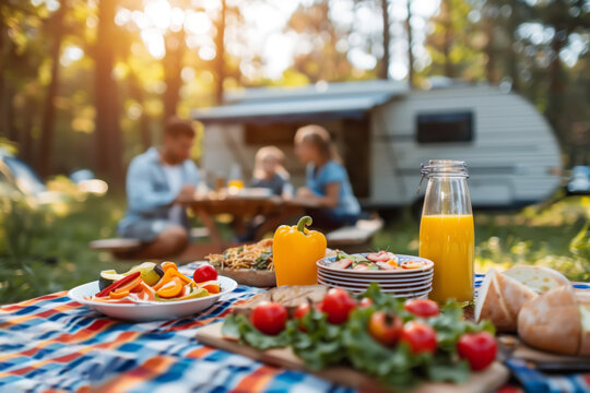 Picnic table with food and drinks, family camping motorhome