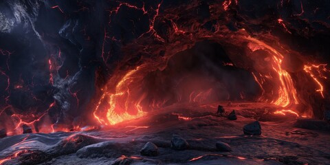The cavern radiates a fiery glow, showcasing the raw power of nature with molten lava flows creating a dynamic and intense scene
